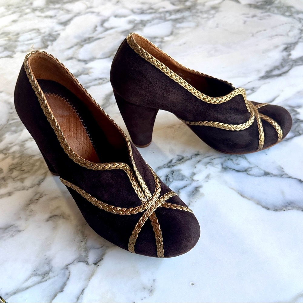 Chie Mihara Brown Suede Gold Braided Block Heel Pumps EU 38.5 Made in Spain